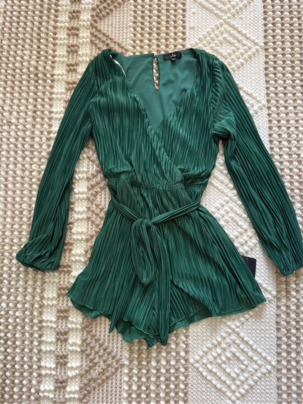 Lulu's Green Pleated Wrap Romper - Deep Green Long Sleeve
